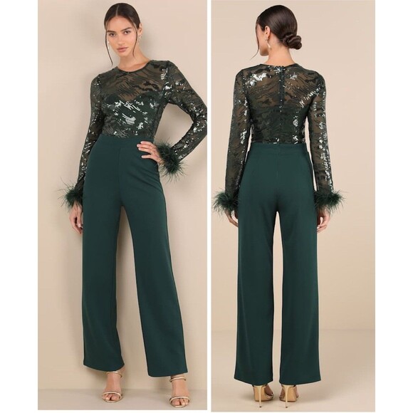 Lulus Limitless Radiance Green Sequin Feather Long Sleeve Jumpsuit Size XS Glam - Picture 1 of 9